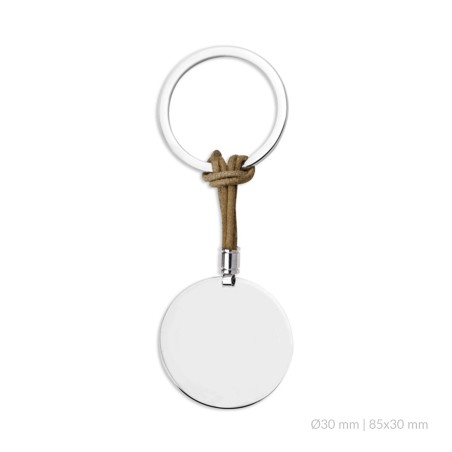 Llavero de Acero con entrepieza de cuero camel anudada | Ø30mm