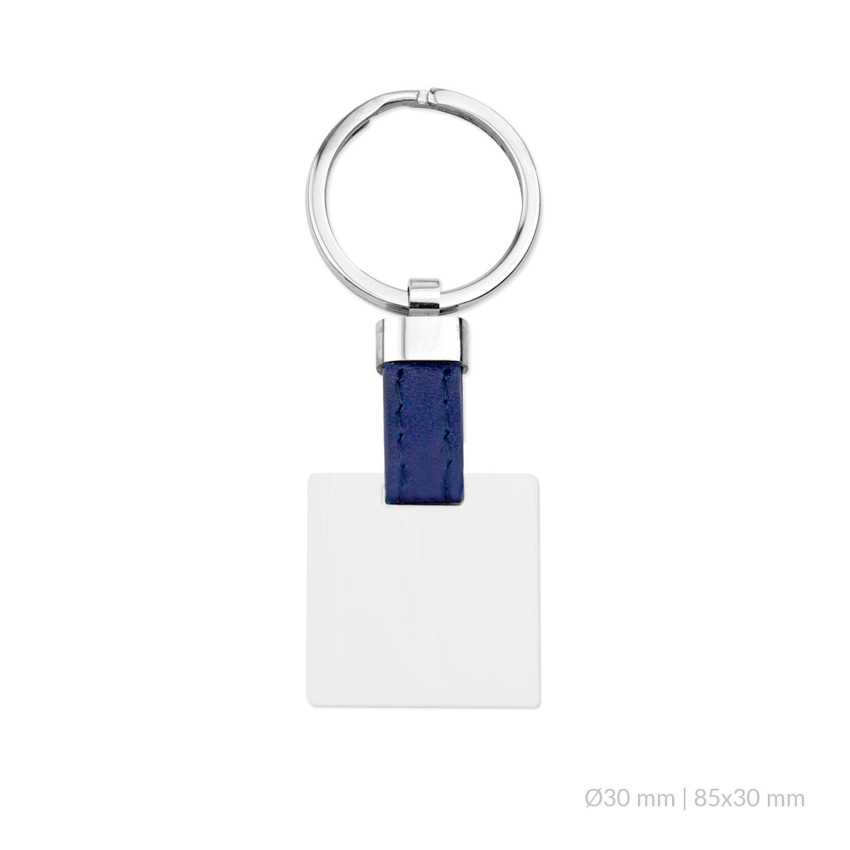 Llavero de acero con entrepieza de cuero azul navy | 30x30mm