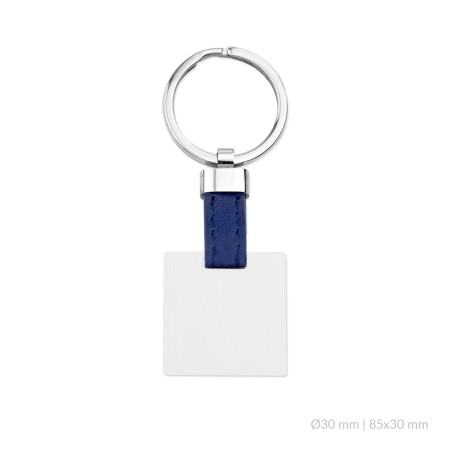 Llavero de acero con entrepieza de cuero azul navy | 30x30mm