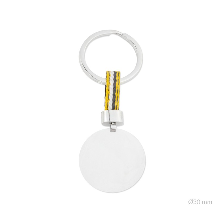 Llavero de Acero con entrepieza de tela de algodón amarillo/gris | Ø30mm