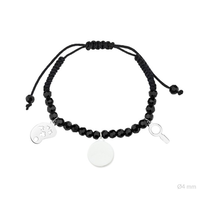 Pulsera de la "Maestra" de Plata de Ley con rocalla negra facetada de Ø4 mm y colgante para grabar | Ø12 mm