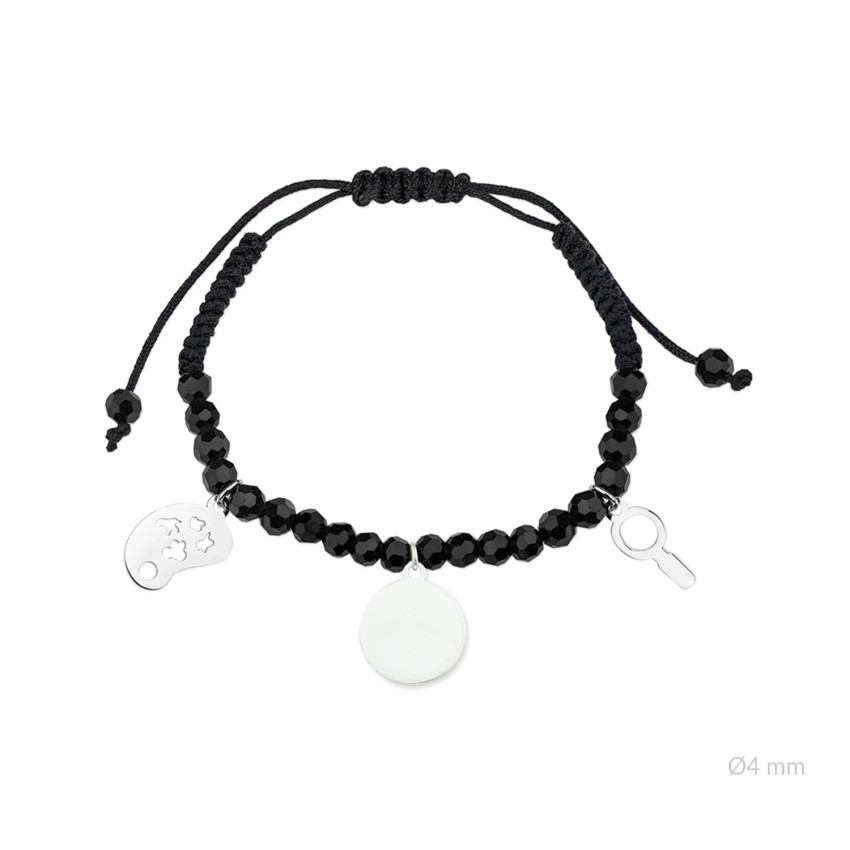 Pulsera de la "Maestra" de Plata de Ley con rocalla negra facetada de Ø4 mm y colgante para grabar | Ø12 mm