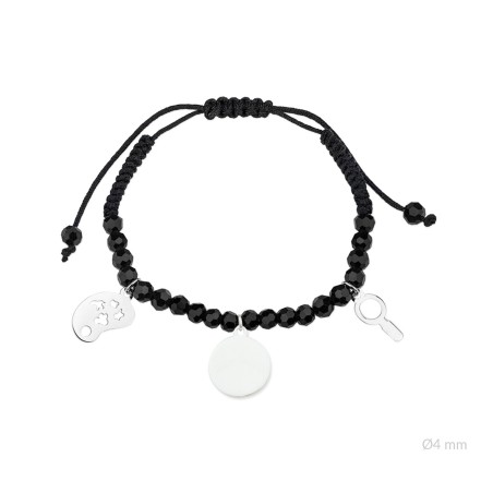 Pulsera de la "Maestra" de Plata de Ley con rocalla negra facetada de Ø4 mm y colgante para grabar | Ø12 mm