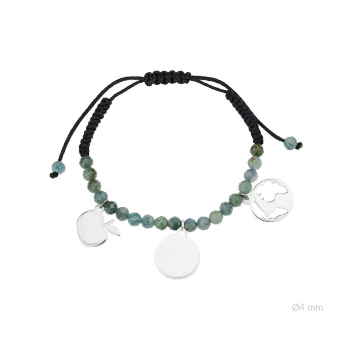 Pulsera de la "Maestra" de Plata de Ley con rocalla verde facetada de Ø4 mm y colgante para grabar | Ø12 mm