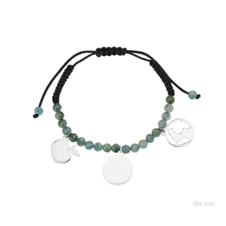 Pulsera de la "Maestra" de Plata de Ley con rocalla verde facetada de Ø4 mm y colgante para grabar | Ø12 mm