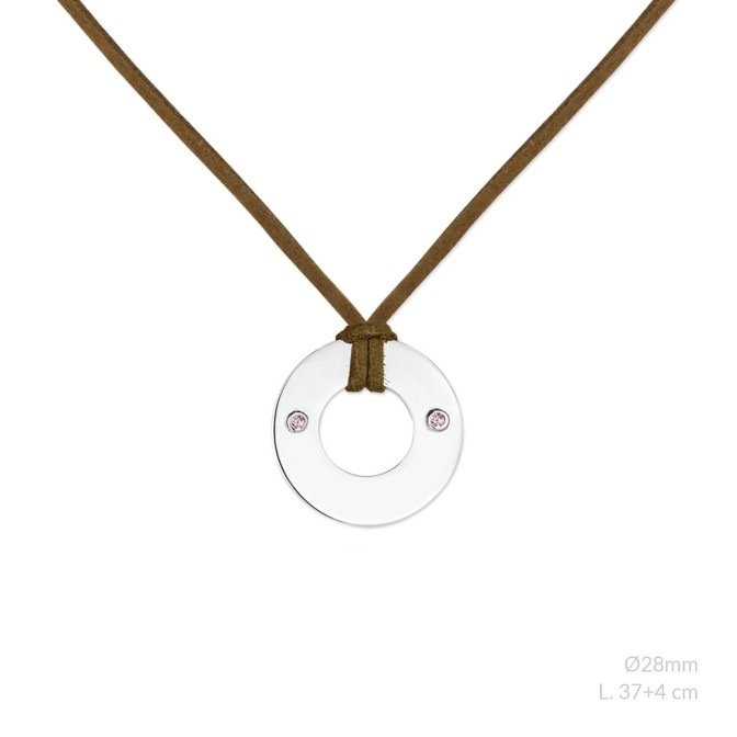 Gargantilla de Plata de Ley con circonitas rosas y ante marrón para grabar | Ø28 mm