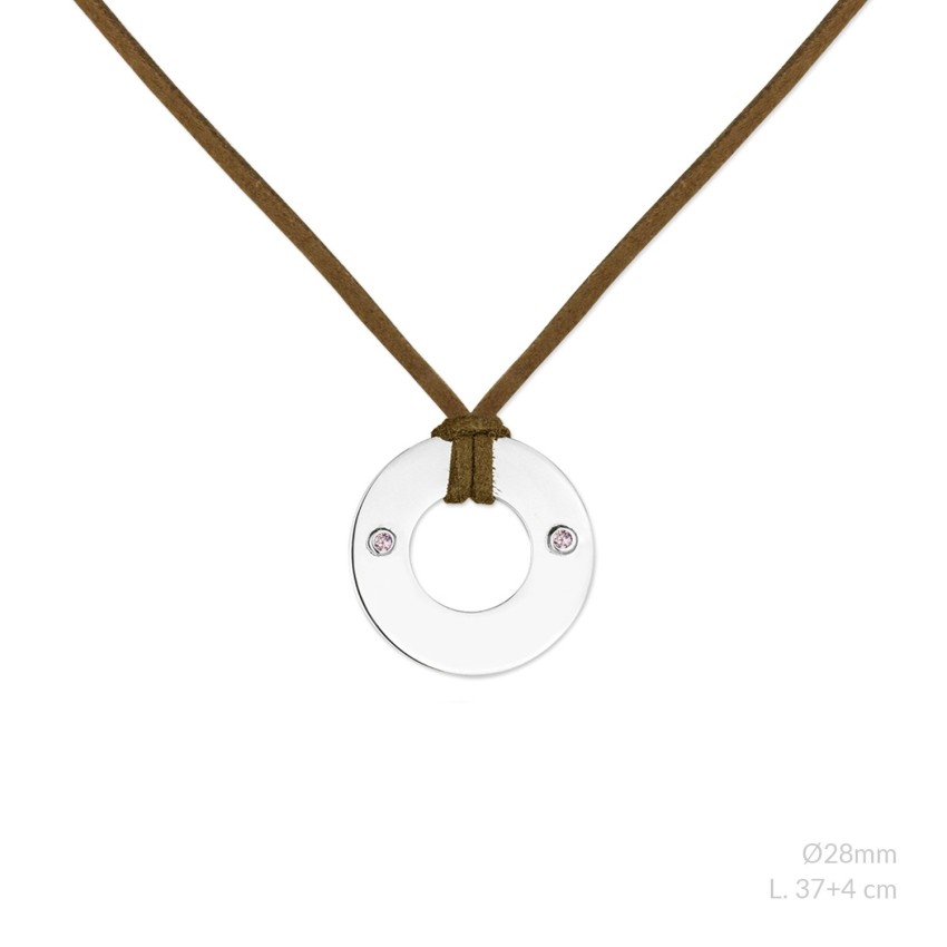 Gargantilla de Plata de Ley con circonitas rosas y ante marrón para grabar | Ø28 mm