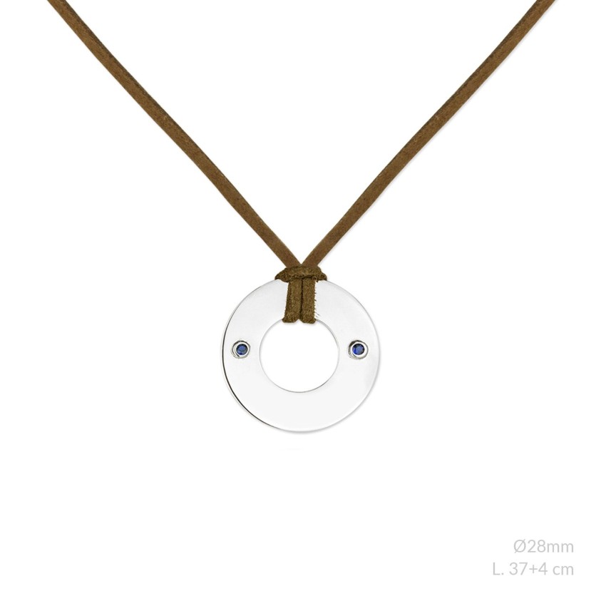 Gargantilla de Plata de Ley con circonitas azules y ante marrón para grabar | Ø28 mm