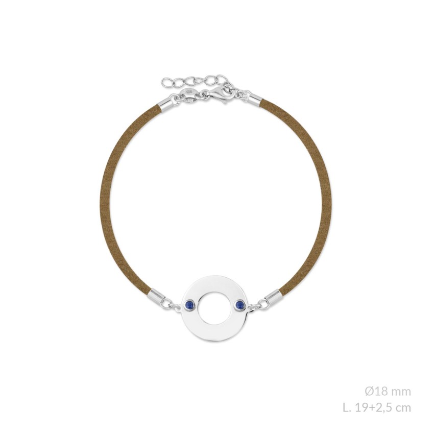 Pulsera de Plata de Ley con circonitas azules y ante marrón para grabar | Ø18 mm