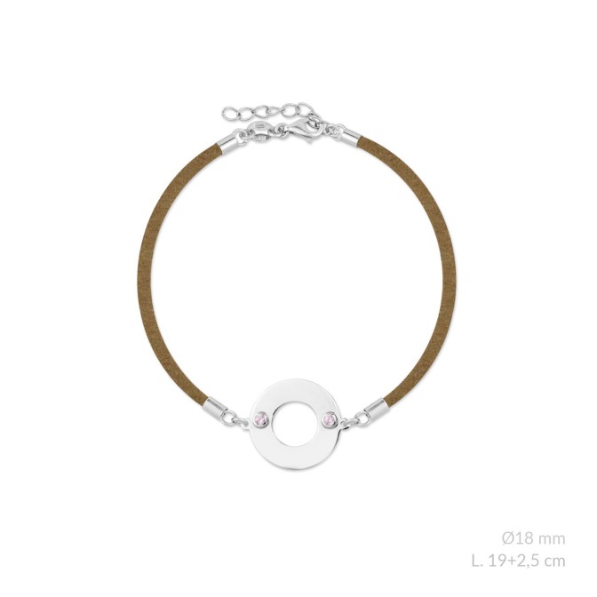 Pulsera de Plata de Ley con circonitas rosas y ante marrón para grabar | Ø18 mm