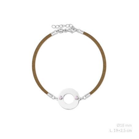 Pulsera de Plata de Ley con circonitas rosas y ante marrón para grabar | Ø18 mm