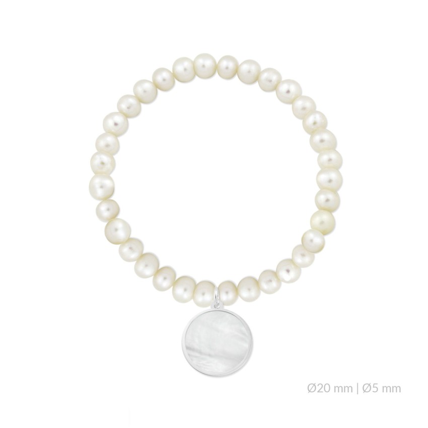 Cuerpo elástico de perlas cultivadas de Ø5 mm y disco de nácar de Ø20 mm con montura en Plata de Ley | L. Ø5 cm