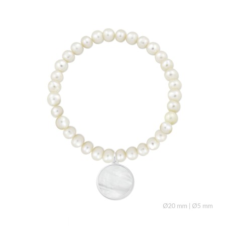 Cuerpo elástico de perlas cultivadas de Ø5 mm y disco de nácar de Ø20 mm con montura en Plata de Ley | L. Ø5 cm