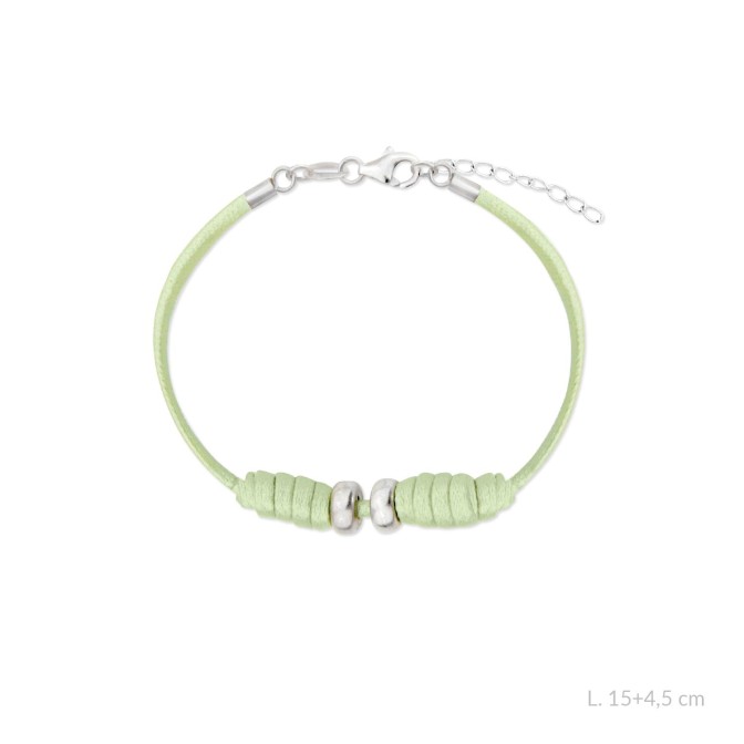 Pulsera de cuero verde anudado y terminales de Plata de Ley | L.15+4,5 cm