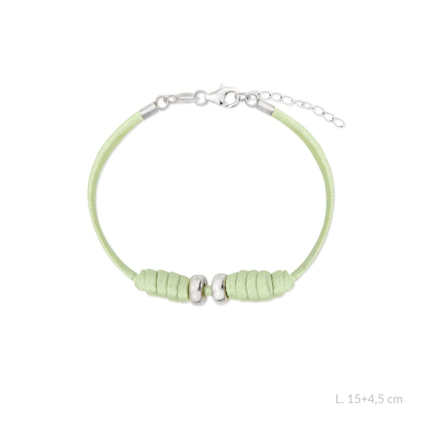 Pulsera de cuero verde anudado y terminales de Plata de Ley | L.15+4,5 cm