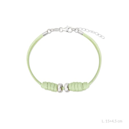 Pulsera de cuero verde anudado y terminales de Plata de Ley | L.15+4,5 cm