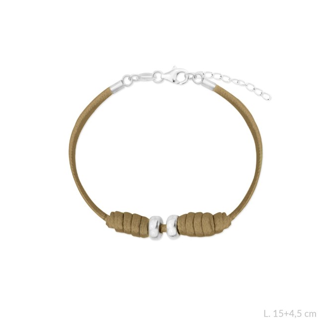 Pulsera de cuero marrón cobrizo anundado y terminales de Plata de Ley | L.15+4,5 cm