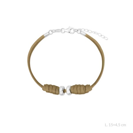 Pulsera de cuero marrón cobrizo anundado y terminales de Plata de Ley | L.15+4,5 cm