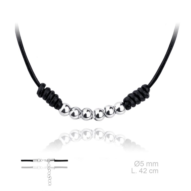 Gargantilla de cuero negro y 6 bolitas con terminales de Plata de Ley | L. 42+5cm