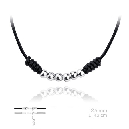 Gargantilla de cuero negro y 6 bolitas con terminales de Plata de Ley | L. 42+5cm