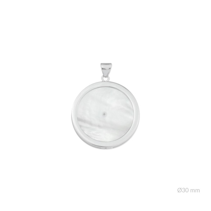 Colgante de nácar con taladro en el centro, montura de Plata de Ley y placa en el reverso |  Ø30 mm