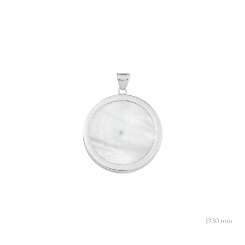 Colgante de nácar con taladro en el centro, montura de Plata de Ley y placa en el reverso |  Ø30 mm