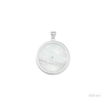 Colgante de nácar con taladro en el centro, montura de Plata de Ley y placa en el reverso |  Ø30 mm