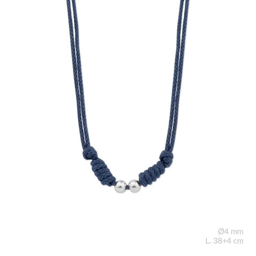 Gargantilla de hilo trenzado azul, 2 bolitas y terminales de Plata de Ley | L. 38+4cm