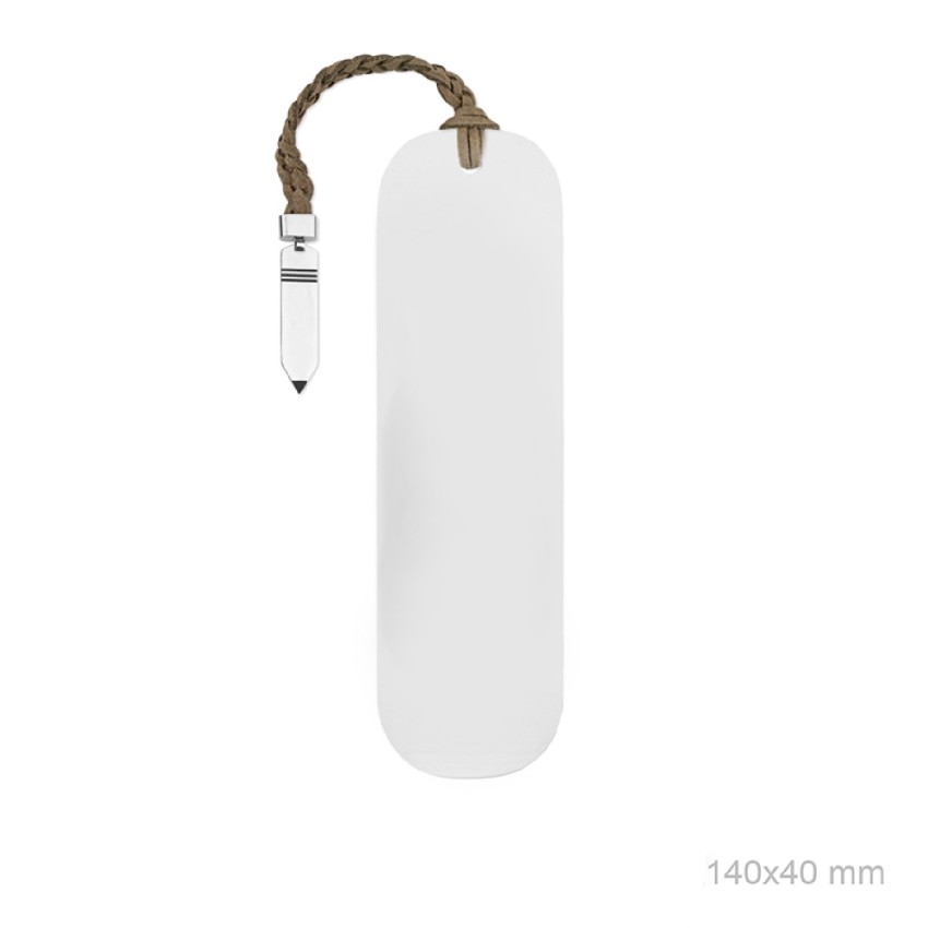 Marcapáginas en Acero con tira de ante trenzado y terminal en forma de lápiz | 14x4 cm